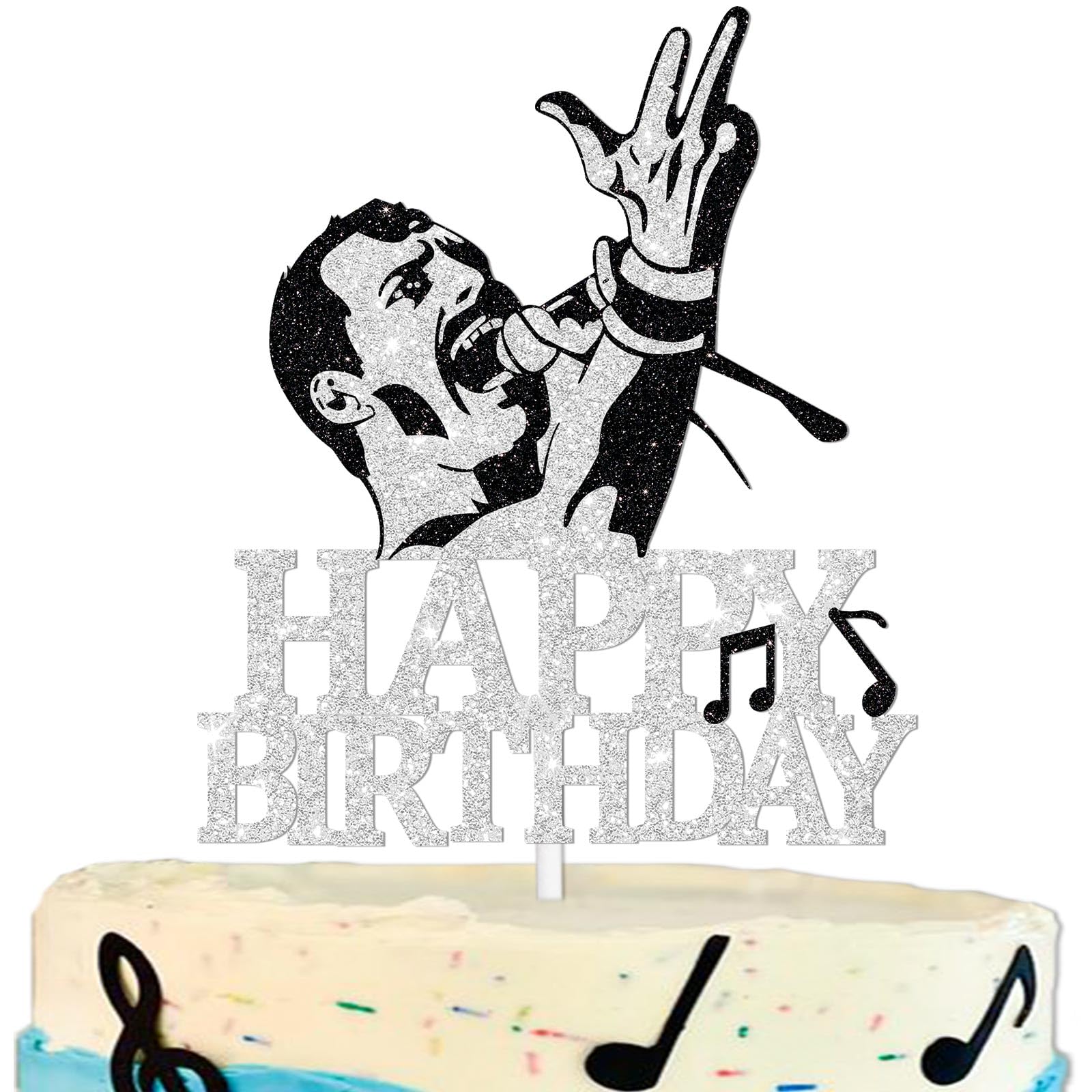 Happy Birthday Cake Topper King of Rock Theme Silver Glitter Decor Picks for Queen Freddie Mercury Party Decorations Supplies