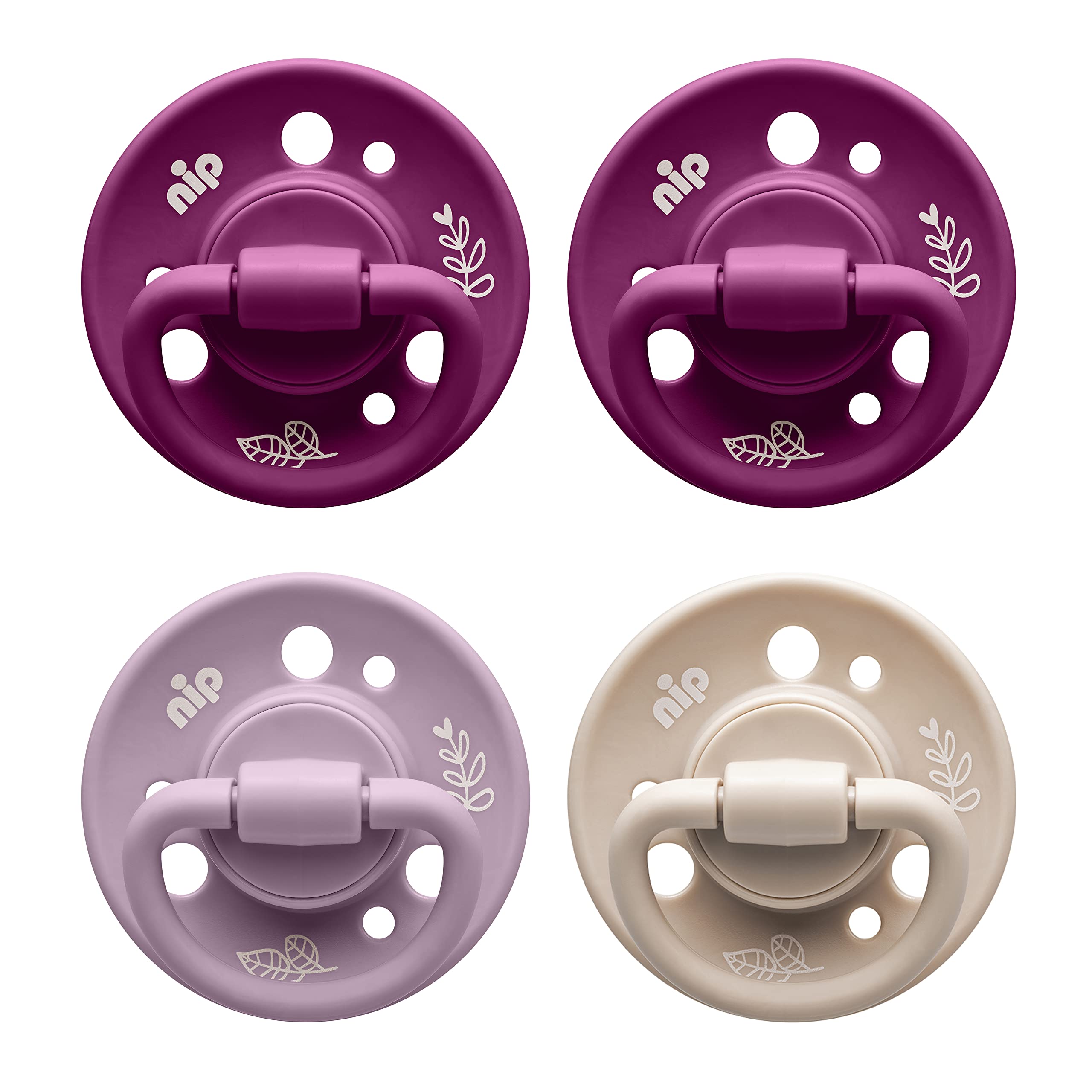 nip Organic Baby Dummy Cherry Green Natural Rubber Colours Purple/Purple/Beige - Recommended from 6 Months - Size 2: Pack of 4