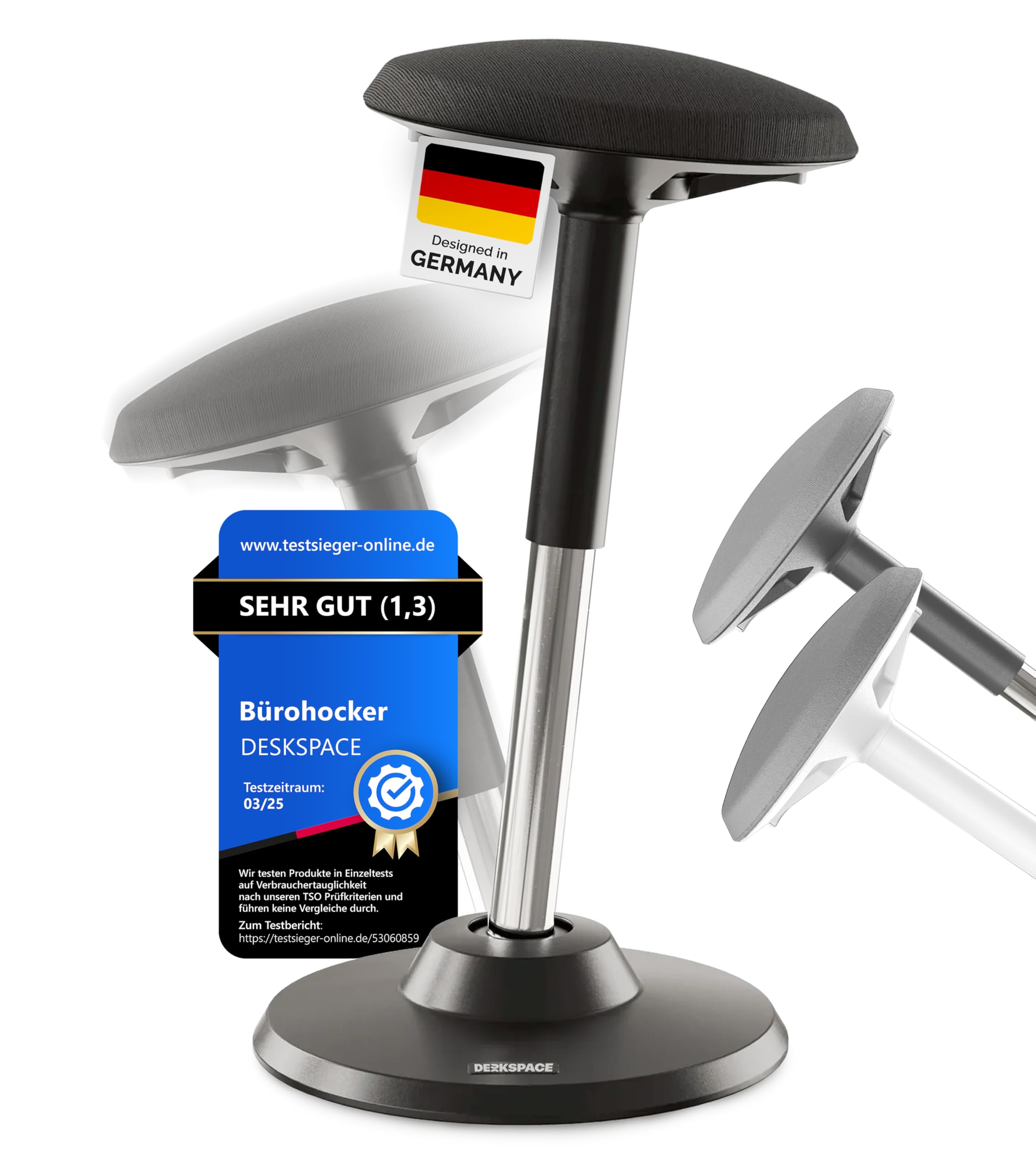 DESKSPACE Motion Sitzhocker - Stehhocker höhenverstellbar, ergonomischer Hocker bis 140kg mit CushCloud-Polsterung, Gasfeder & 3D-Sitzmechanik, Bürohocker ergonomisch, Wackelhocker Stehstuhl (Schwarz)