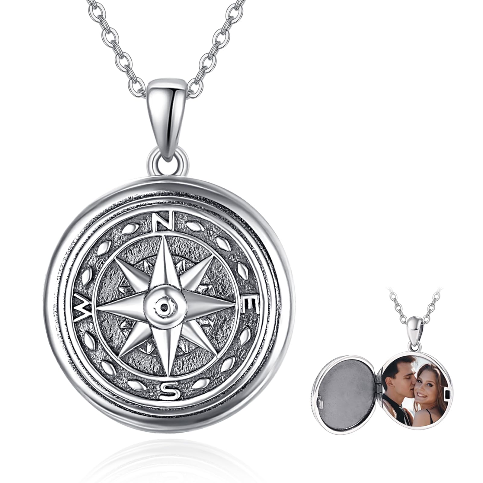 KINGWHYTE Compass Locket Necklace That Holds Pictures 925 Sterling Silver Compass Photo Necklaces Memory Pendant Anniversary Jewellery Gifts for Women Men - 18" + 2" Silver Chain — image 1