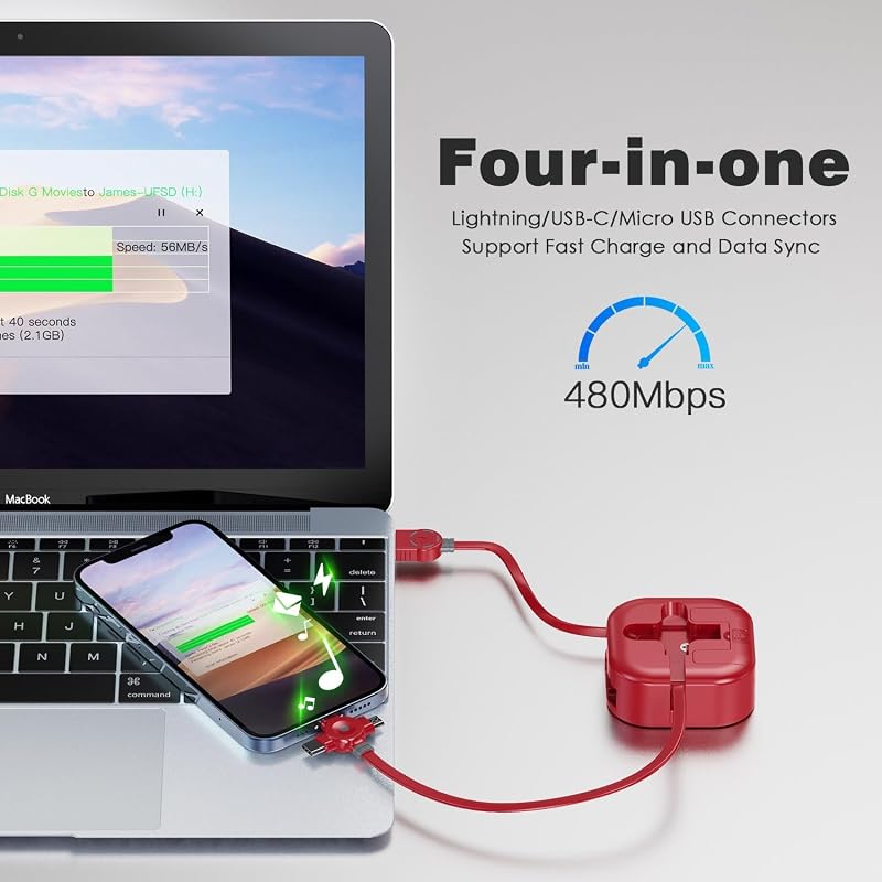 USB Múltiple Carga Cable,Retráctil 1.2M Soporte Carga Rápida Cable,4 en 1