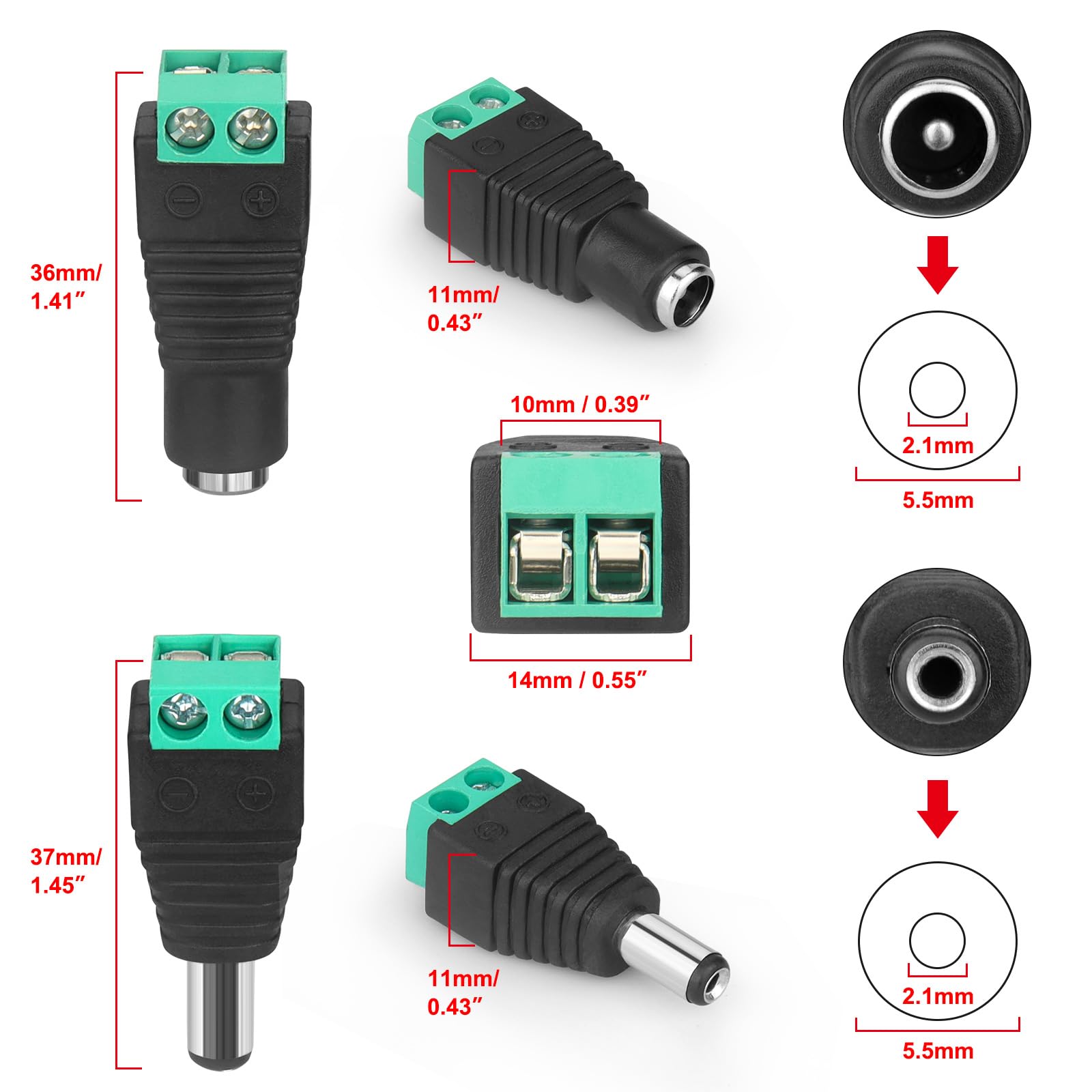 12V DC Adapter Plug 5.5mm x 2.1mm, 10 Pair (10 x Male + 10 x Female) DC Power Connector for LED Strip CCTV Security Camera Cable End Plugs (Male & Female)