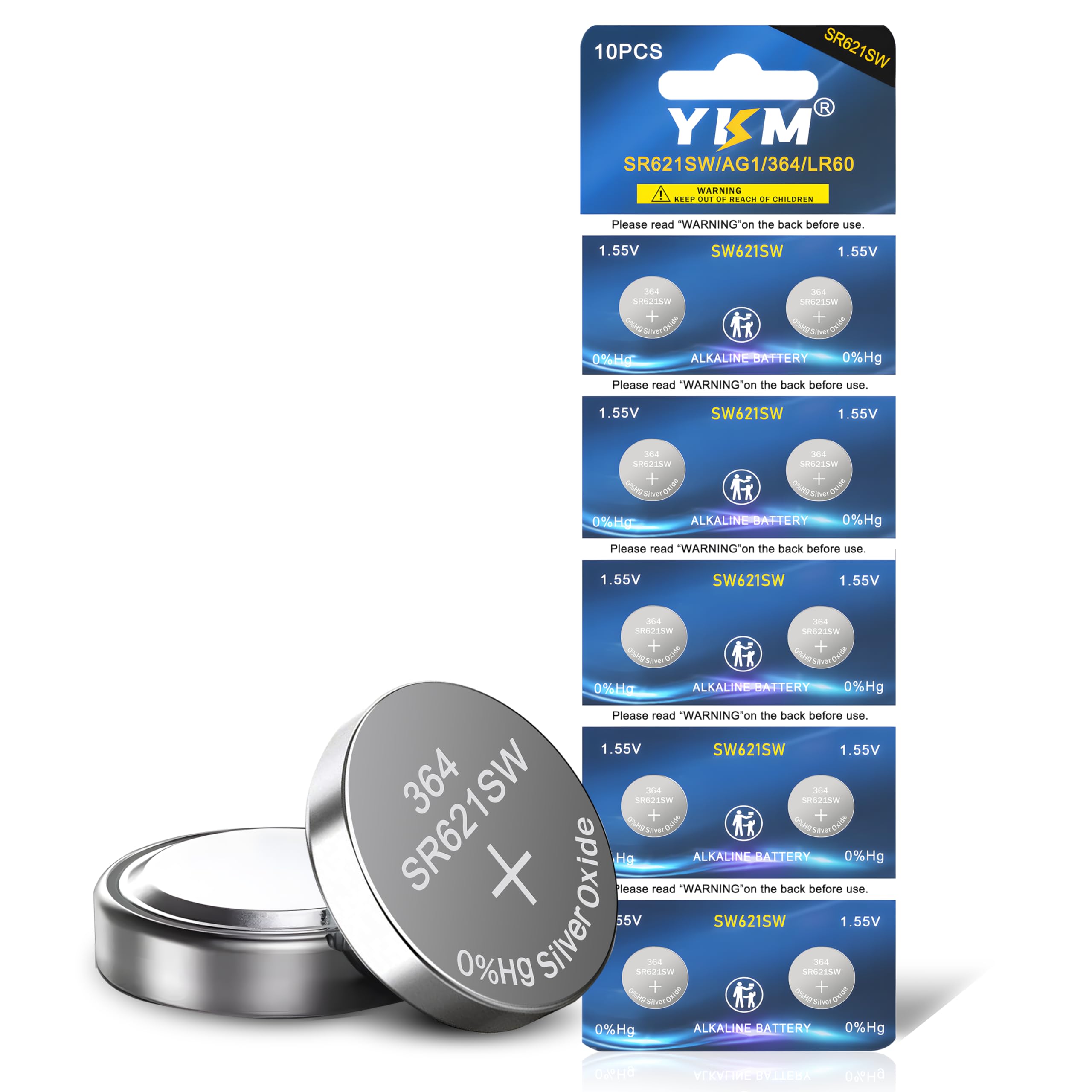 YKM 10 Pack 364 SR621SW Watch Battery AG1 364/363 LR621 V364 1.55V Silver Oxide Battery