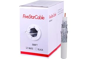 FiveStarCable RG6 500ft Quad Shielded Coaxial Cable - Easy Pull Box, Black & White, ETL, CL2 Rated, 18 AWG, 75 Ohm, for HDTV, Satellite, Cable TV, Internet, and CCTV Installations (White, 500 Ft)