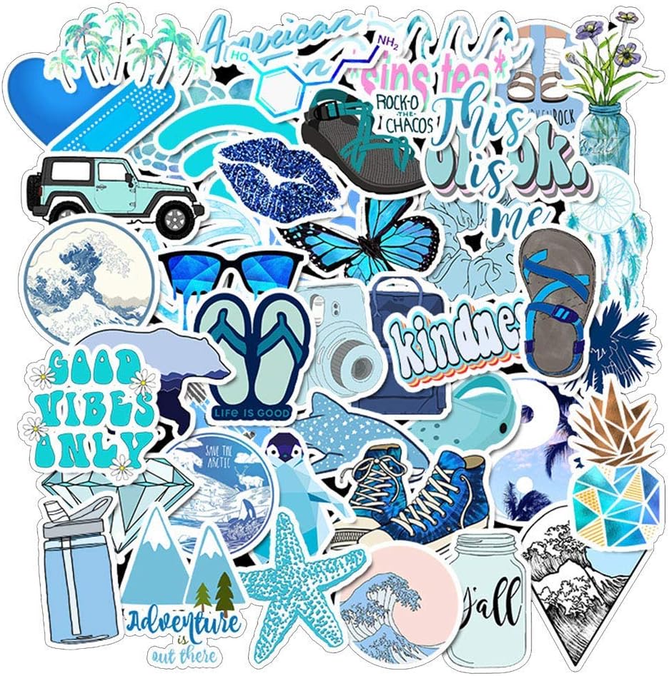 Yichener Cute Girl Blue Laptop Stickers 50pcs, Lovely Trendy Kids/Teen Vinyl Computer Waterproof Water Bottles Skateboard Luggage Decal Graffiti Patches Decal