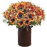 Caxchiling Fake Fall Flowers with Vase 12inch Artificial Fall Sunflowers with Metal Pot Faux Fall Silk Flowers Arrangements for Harvest Home Fall Table Centerpieces Wedding Indoor Fall Decor