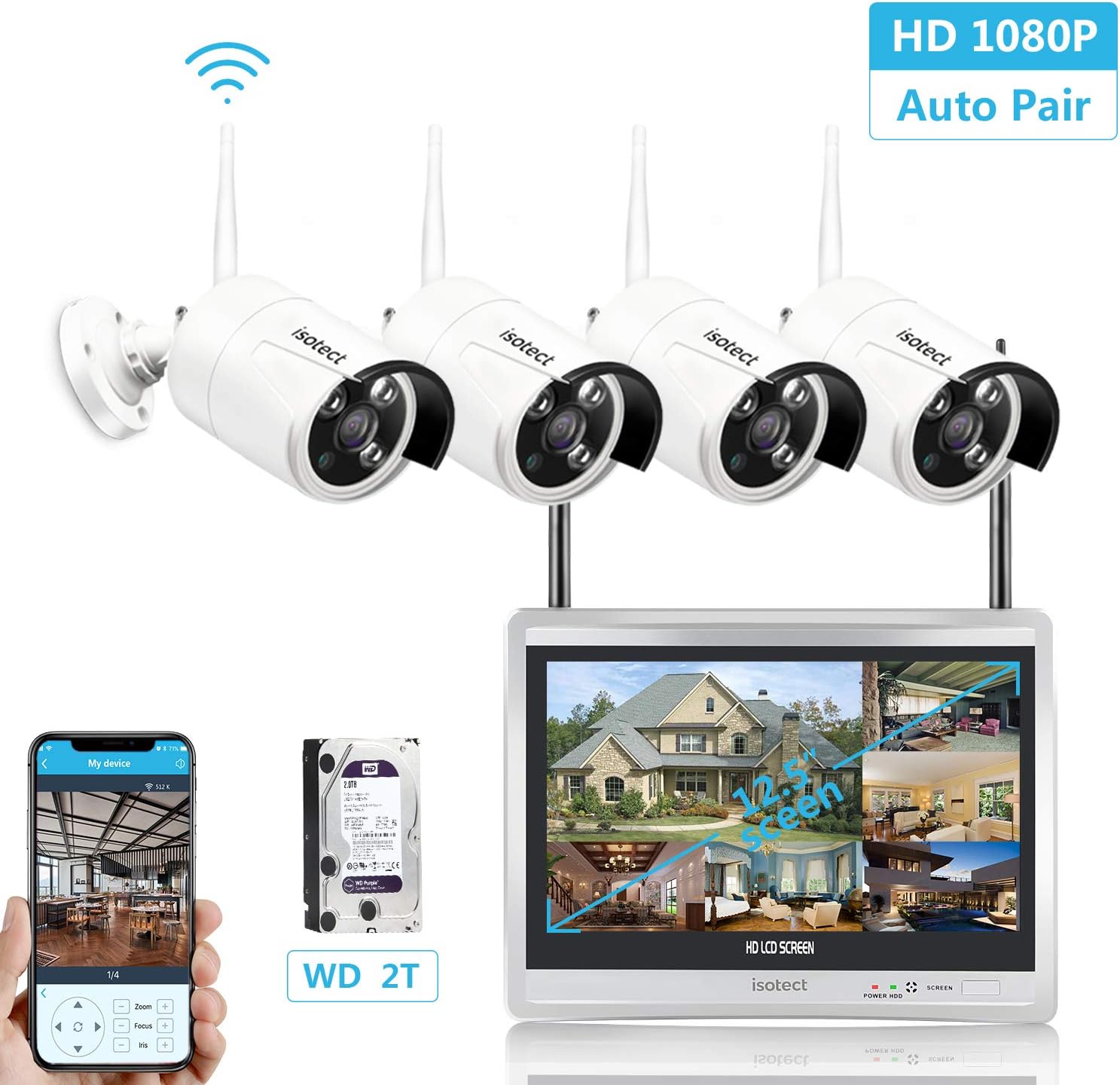 isotect [2019 Newest ] All in One with 12.5-inch Monitor Home Video Surveillance System, Wireless Security Camera System, 8CH Full HD 1080P Security Camera System 4pcs 1080P IP Cameras, 2TB HDD