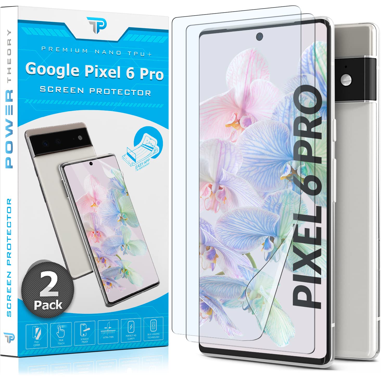 Power Theory for Google Pixel 6 PRO Screen Protector [2 Pack] [Not Glass] Case Friendly, Full Cover, Flexible Film Anti Scratch