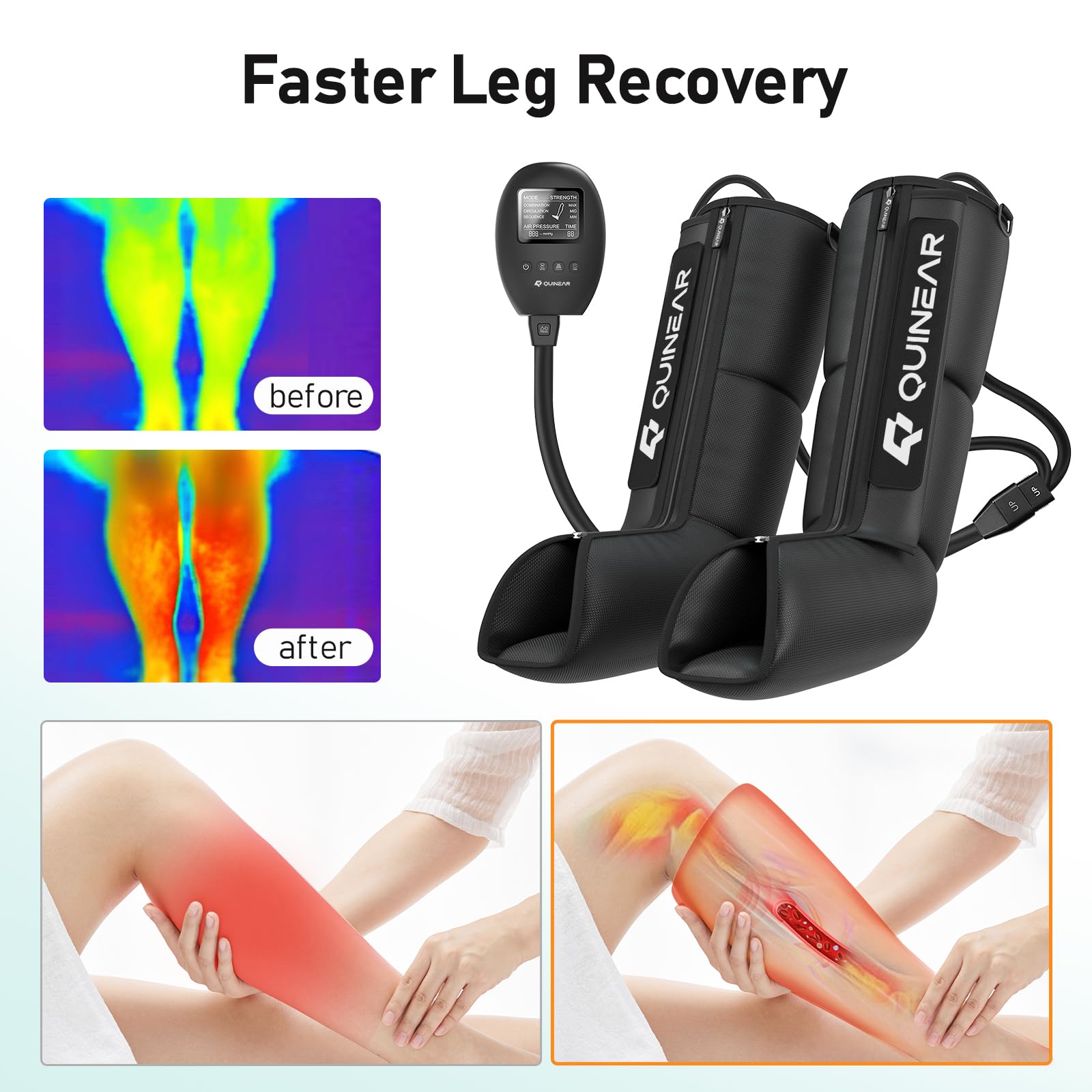 QUINEAR Leg Recovery System for Athletes, Air Compression Recovery Boots Massager for Circulation and Pain Relief - 9 Intensities 60-140 mmHg - FSA-HSA Eligible