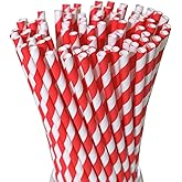 Disposable Red White Paper Straws - Striped Drinking Straws Bulk, for Party, Wedding, Cake Pops, Crafts, 7.75" x0.24"