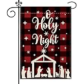 Christmas Garden Flag O Holy Night Jesus Nativity Buffalo Plaid Garden Flags 12×18 Inch Double Sided Vertical Burlap Yard Flag Xmas Jesus Christian Winter Holiday Party Yard Outdoor Decorations