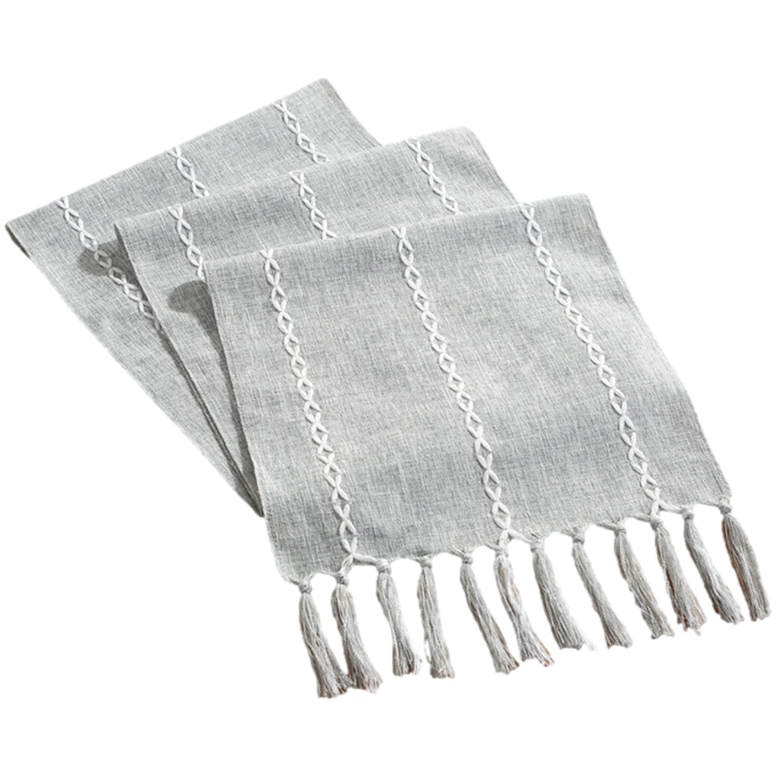 rismart Tassels Table Runner Rustic Handmade Weave Stripe Runners Grey,32 x 240 cm