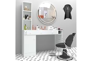 EtherealZYF Barber Stations Wall Mount Salon Station Beauty Salon Barber Spa Equipment with Drawers and Storage Cabinet, 3 Open Shelves, Standing Hair Styling Furniture White