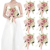 HOMENERGY Set of 6 Wedding Bridesmaid Bouquets - 7 Inch Artificial Flowers Bouquets for Ceremony Anniversary Centerpieces Decorations - Pink & White