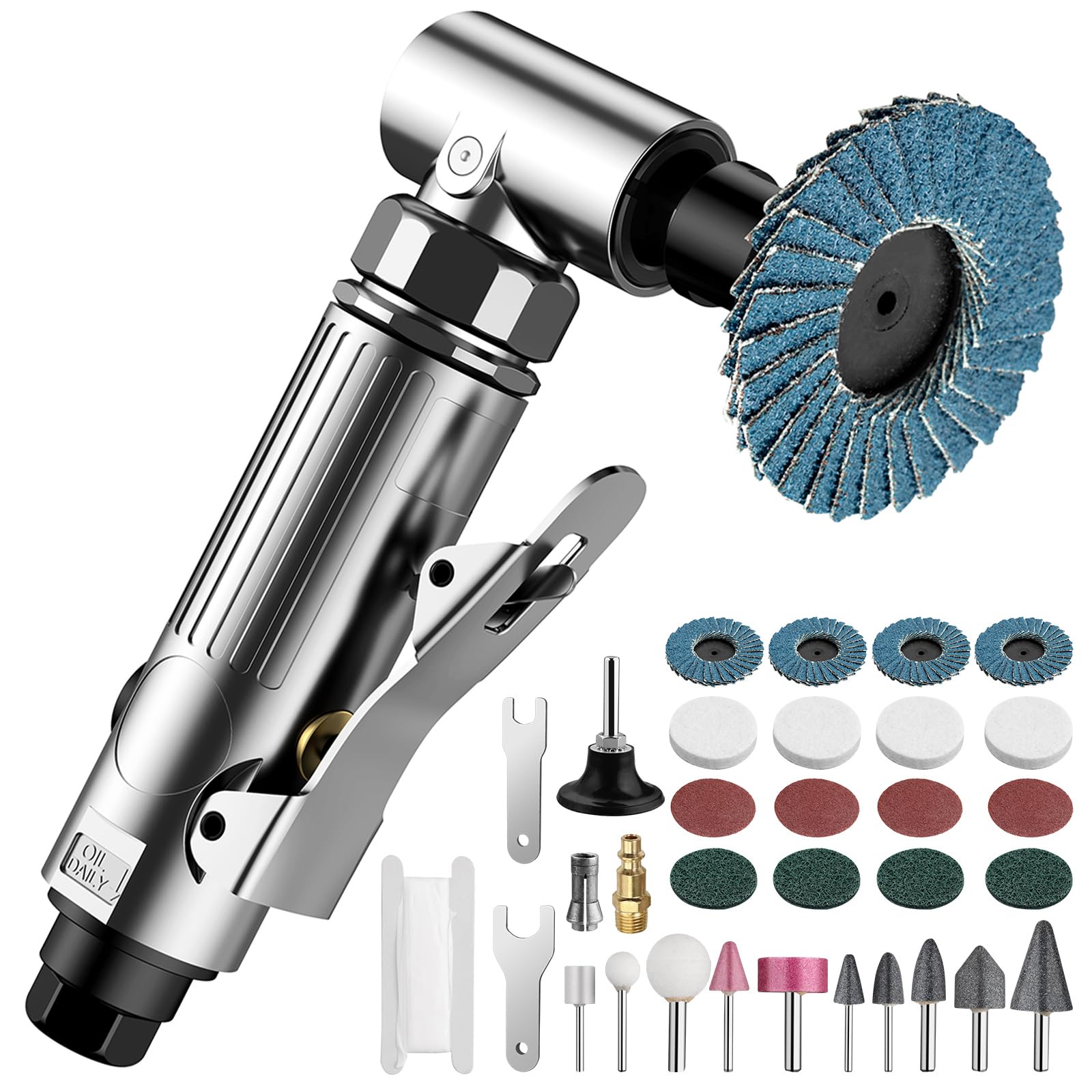 EYPINS Compressed Air 1/4" 90-Degree Angle Die Grinder | Mini Sander/Polisher Tool Kit with Grinding Stones & Sanding Discs for Metalworking, Automotive, Woodworking