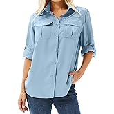 Anteef Women's UPF 50+ Long Sleeve UV Sun Protection Safari Shirt, Quick Dry SPF Hiking Fishing Breathable Shirts (5071 Blue S)