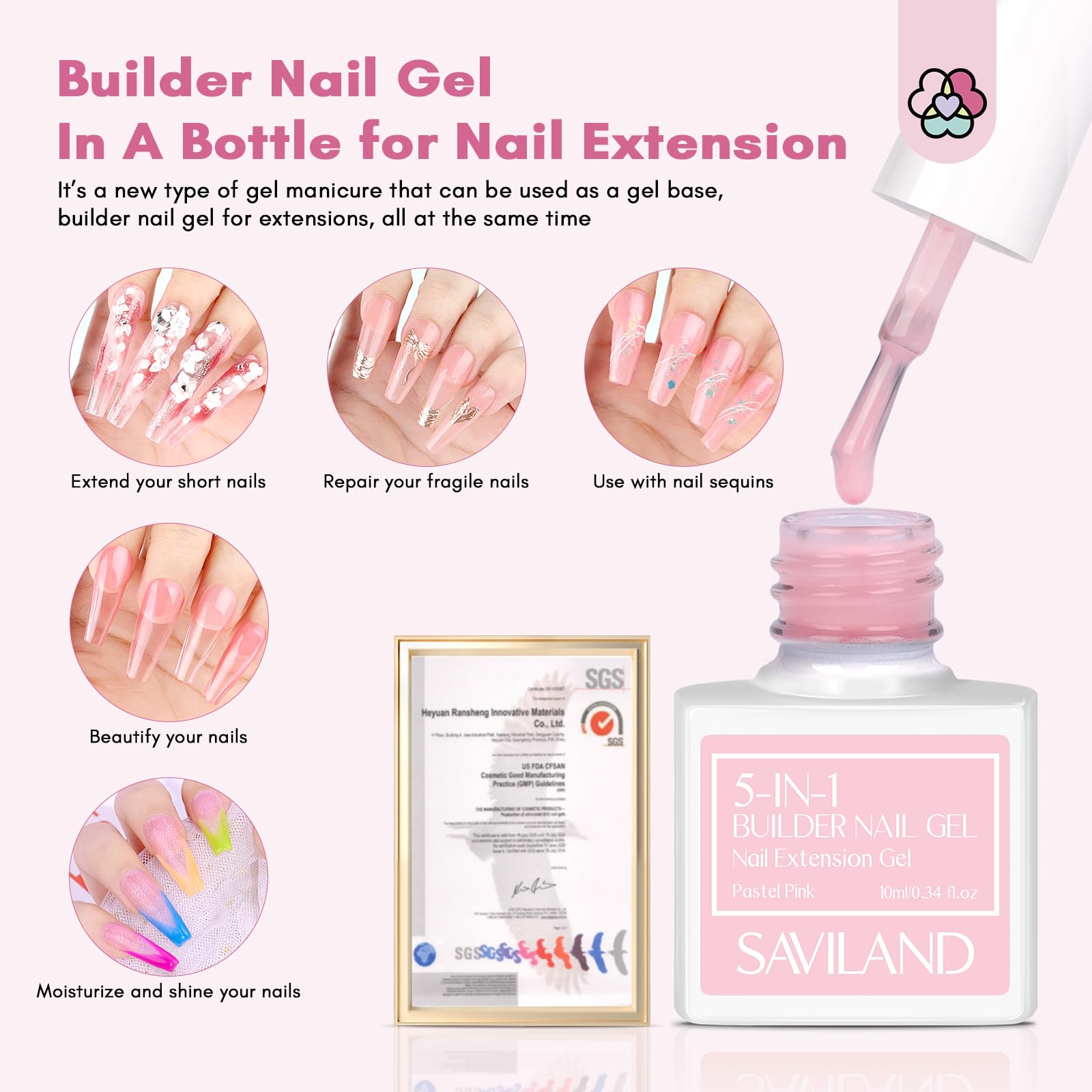 SAVILAND 10 ML Builder Nail Gel Set - 6 Colors 5 in 1 Clear Milky Pink Nudes Gel Builder in A Bottle Nails Extension Strengthener Gel for Thin and Damaged Nails Hard Gel Kit as Gift for Women - Image 4
