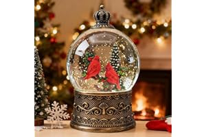 SUNFACE Christmas Snow Globes Lantern, Red Birds & Tree Christmas Decorations Indoor, 6H Timer Battery & USB Powered Light Up Musical Snow Globes for Kids Women Adults Gift Thanksgiving Home Decor