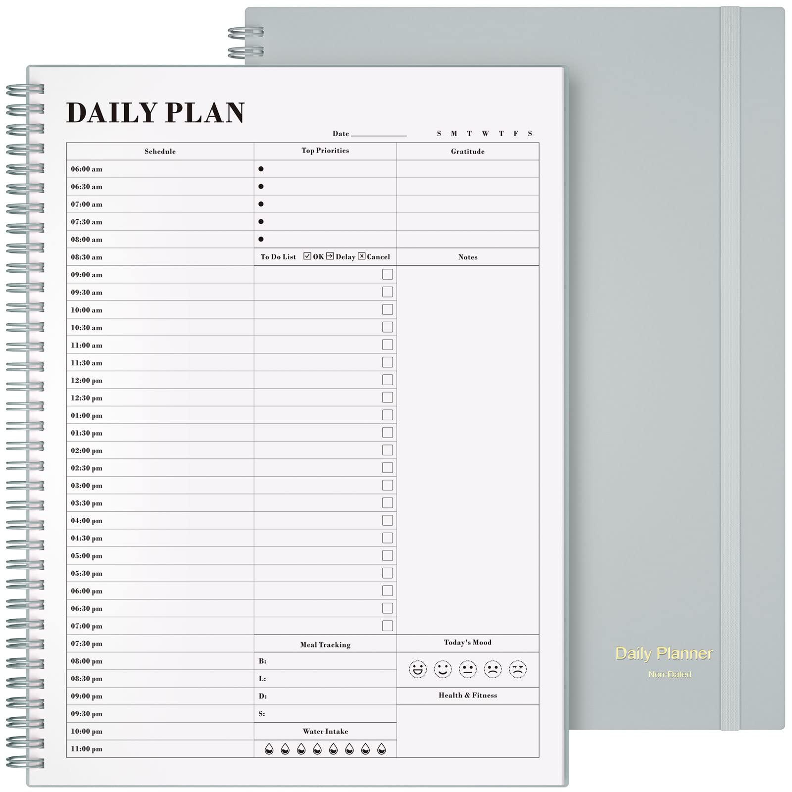 Planner Undated, Asten Daily Planner Agenda with to Do List, Hourly Schedules for Women and Men, Spiral Appointment Book with Elastic Closure, Inner Pocket 21.6 x 28cm (Gray) โ image 1