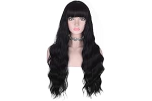 AMZCOS Long Wavy Black Wig with Bangs for Women Heat Resistant Synthetic Hair Wigs for Daily Use(Black)