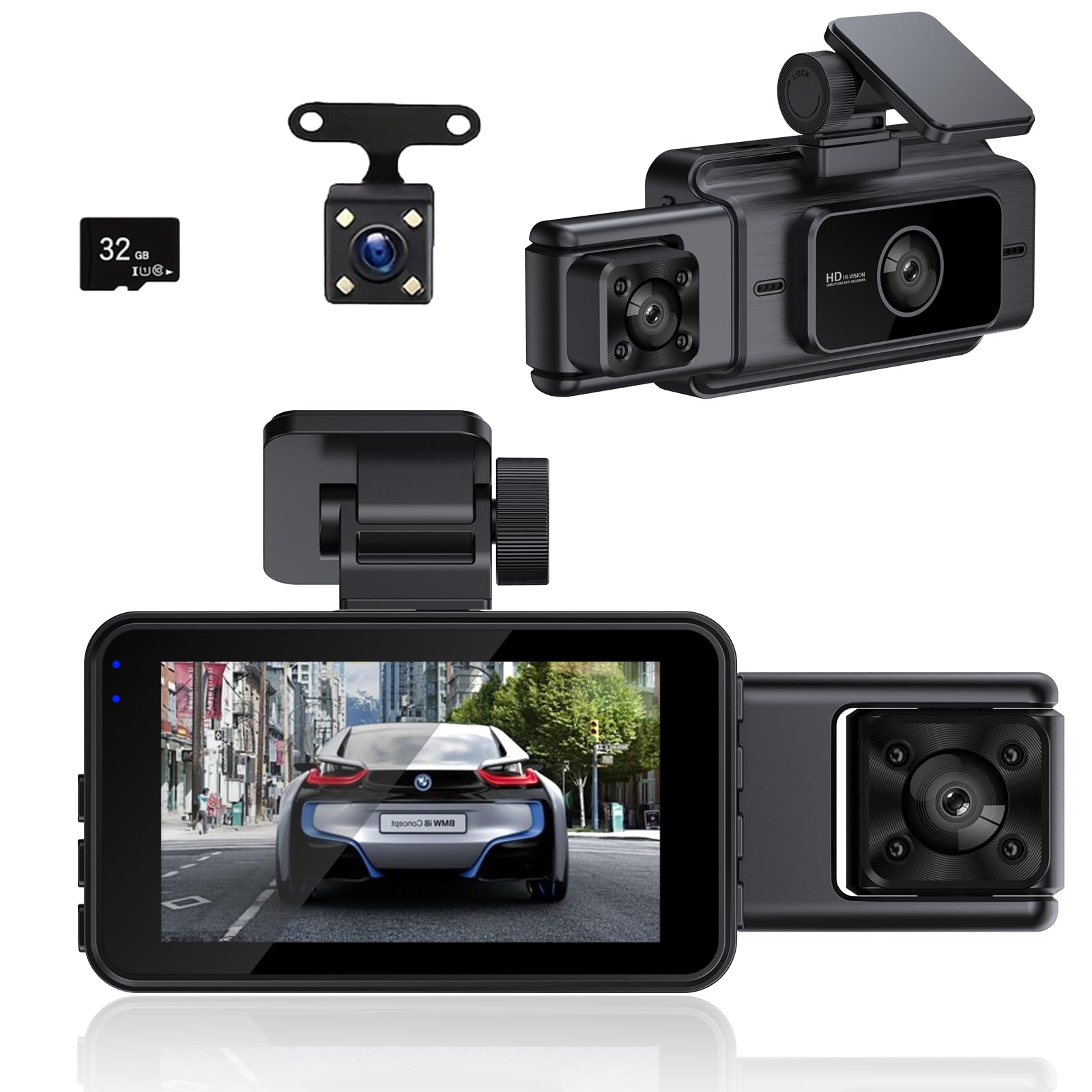 Photo 1 of HD Front, Dash Cam Center and Rear Dashboard Camera, HD Three-Camera car Recorder, Support Loop Recording, with G Sensor, Free 32G Memory Card