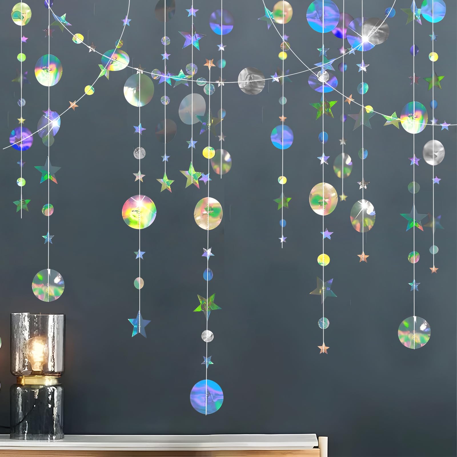 52Ft Circle Dot Star Garland Decoration Holographic Rainbow Hanging Paper Garland for Engagement Wedding Birthday Party Decorations