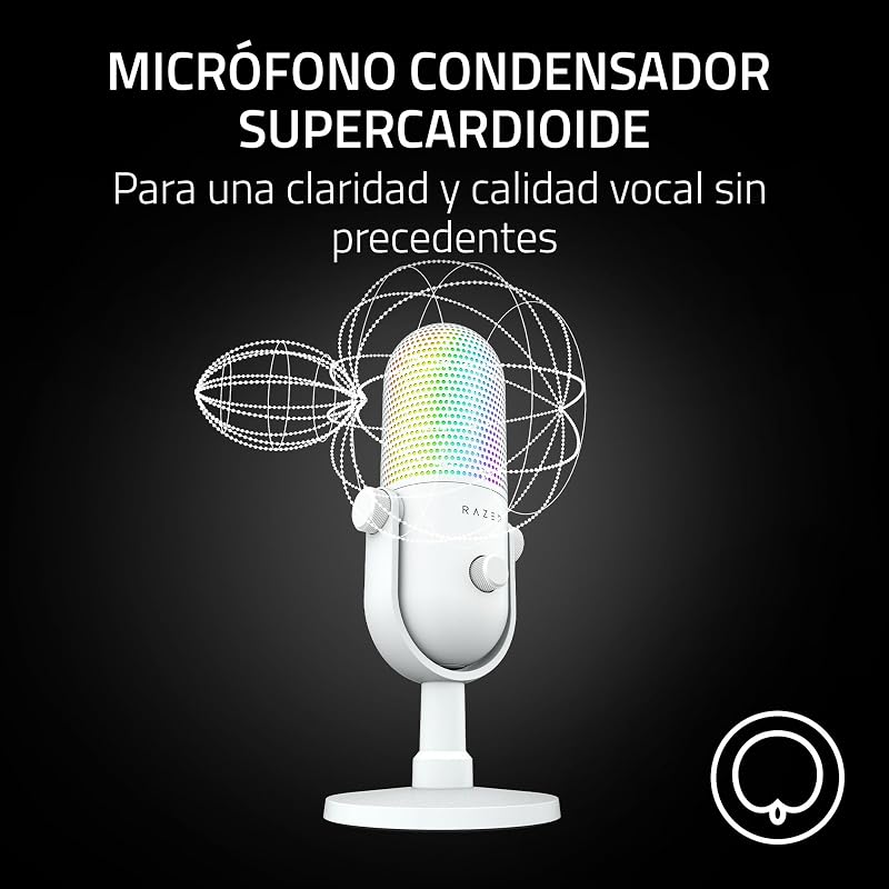 Razer seiren v3 chroma - microfone rgb usb - microfone condensador supercardióide com tap-to-mute (iluminação reativa, limitador de ganho digital e amortecedor integrado) branco