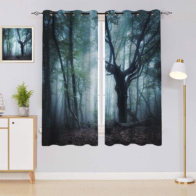Yahonwa Forest Lihgtproof Curtains, Dark Forest in Fog in The Morning Enchanted Old