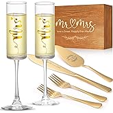 VARLKA Wedding Cake Knife and Server Set, Mr and Mrs Champagne Flutes Glasses & Forks with Wooden Box, Gold Cake Cutting Set for Wedding Engagement Bridal Shower Gifts