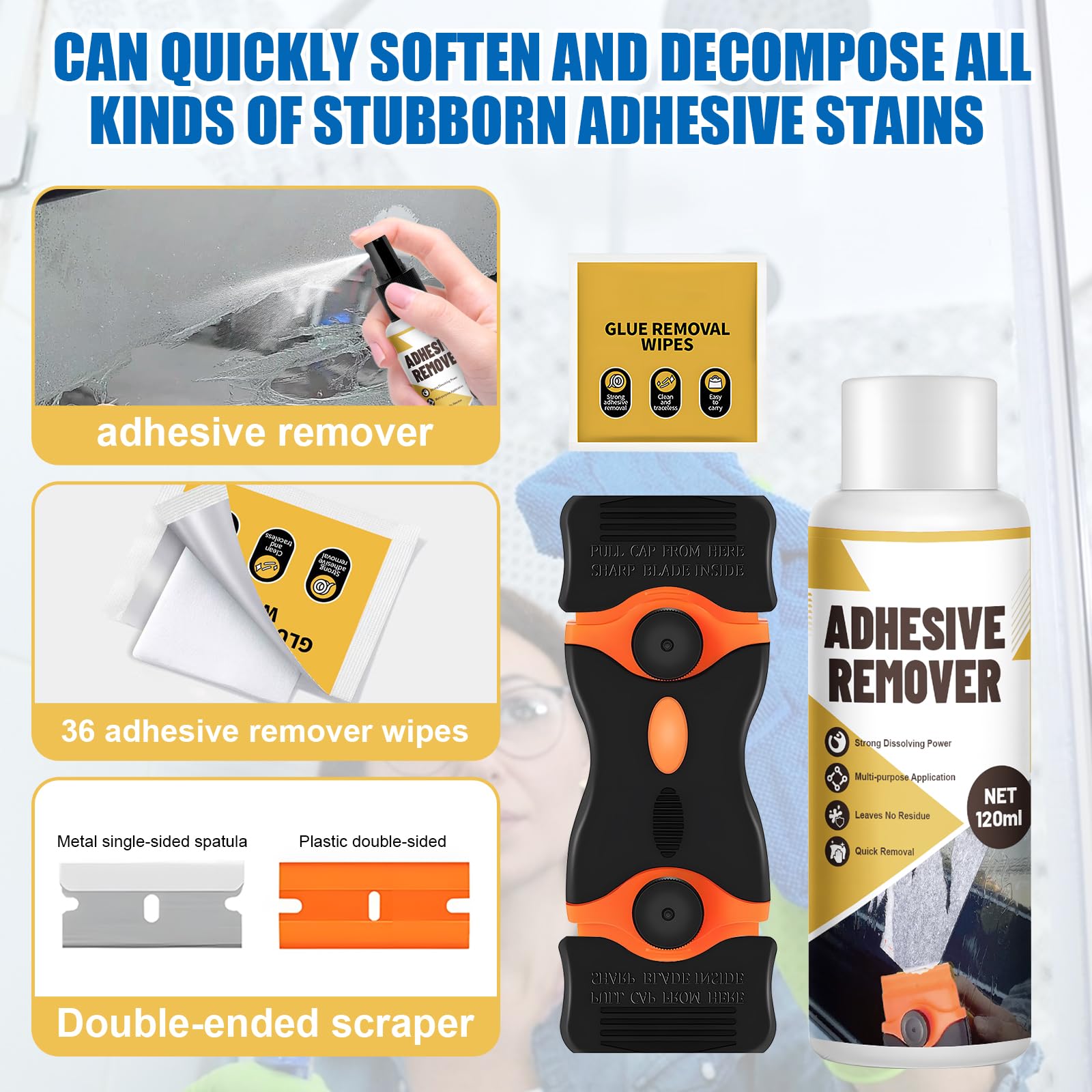 WEILAOK Kleberentferner, Sekundenkleber Entferner, Etikettenentferner, Schnell Auflösen, Glue Remover Entfernt Schnell Hartnäckige Etiketten, Klebereste -120ml + Kleberentfernungstücher*36 3