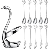AnSaw Silver Swan Base Holder Set with 10 Pcs 4.7" Mini Leaf Spoon &amp; Fork | Stainless Steel,Ideal for Coffee,Tea, Dessert,Appetizers, Tastings, Parties, Charcuterie &amp; Cocktails