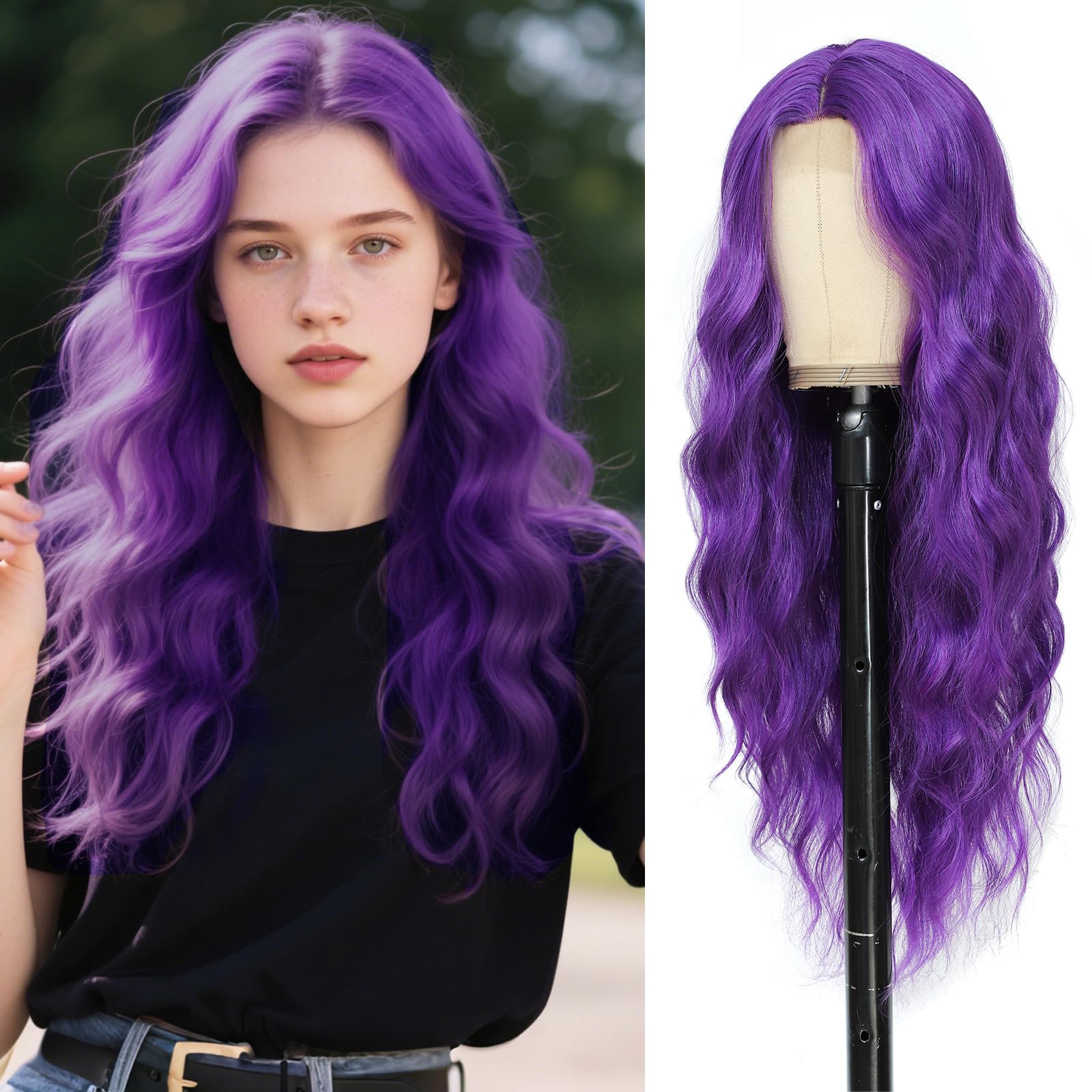 Photo 1 of Angzon Dark Purple Wig 26 Inch Long Wavy Wig for Women - Heat Resistant Synthetic Hair Middle Part Curly Wig Natural Look for Daily Party Cosplay Costume Use