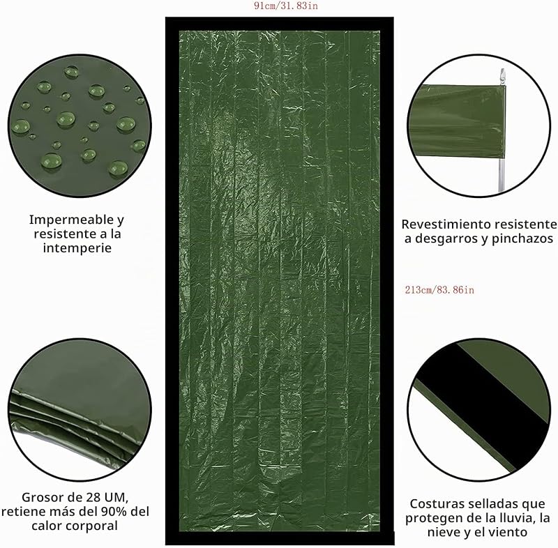 Saco-cama de emergência, mantas térmicas de alumínio, sacos de bivaca Bivy, Sobrevivência Bivy para Vivac, Campismo, Caminhadas, Trekking - Verde