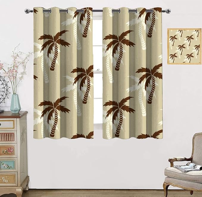 Palm Tree Decor Curtains, Tropical Pattern with Silhouettes of Coconut