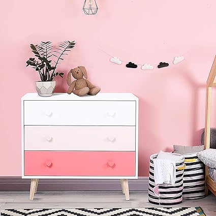 Homcom Children Chest Of 3 Drawers Cabinet Storage Heart Handle