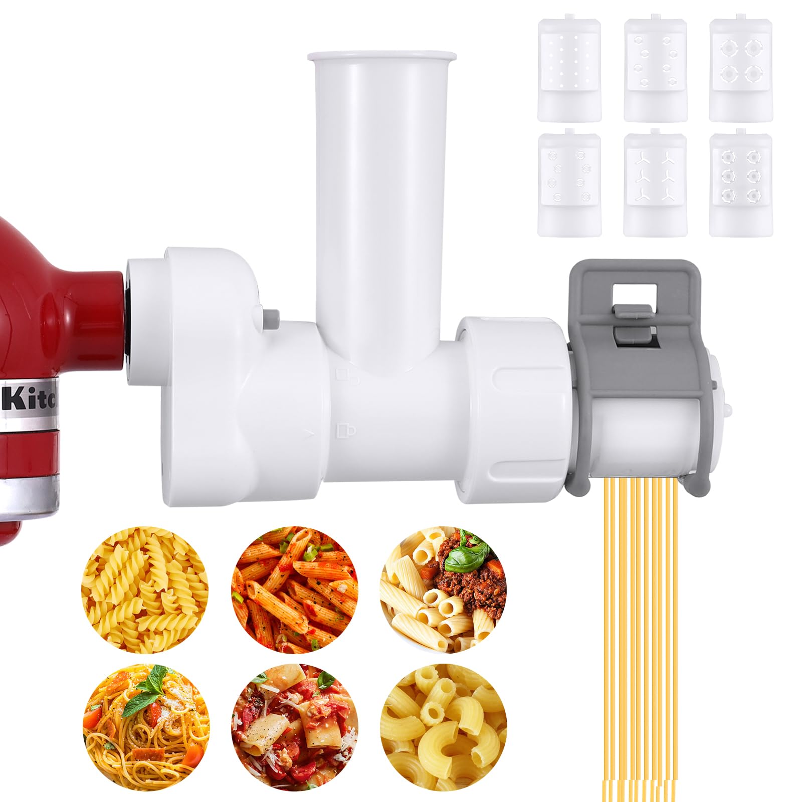 Pasta Maker Attachment for KitchenAid Stand Mixers Included 6 Different Shapes of Pasta Outlet, Durable Pasta Press Attachments and Cleaning Brush,White