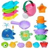 Baby Bath Toys for Kids Ages 1-3, 17PCS Mold-Free No Hole Bath Toys, Pool Water Table Toys, Toddler Bath Toy Set with Whale Sprayer, Boats &amp; Stacking Cups, Easy Clean Bathtub Toys Girls Boys Gifts