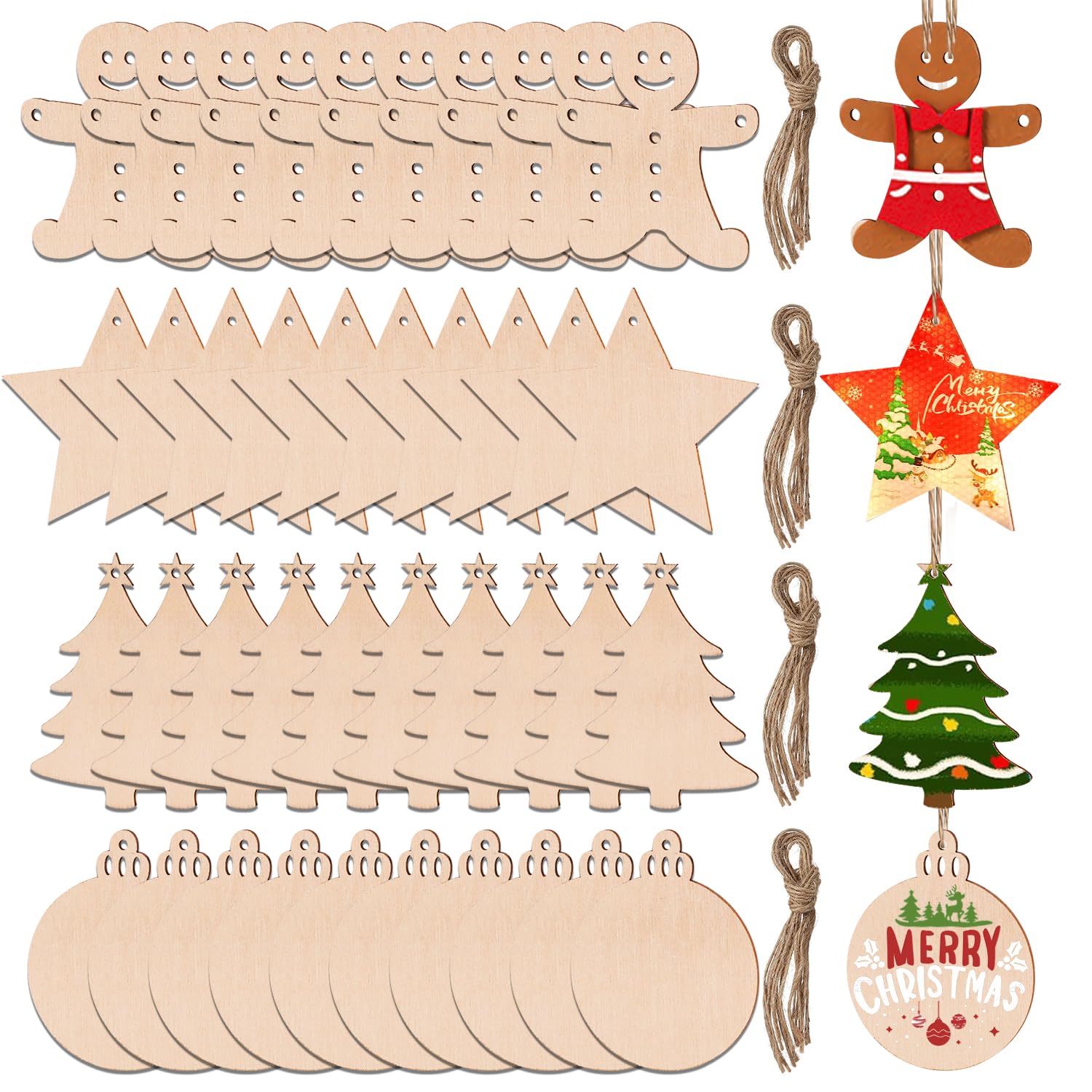 RNHDLY 40 Pcs Wooden Christmas Decorations - DIY Wooden Christmas Shapes with Holes and String for Tree Decoration