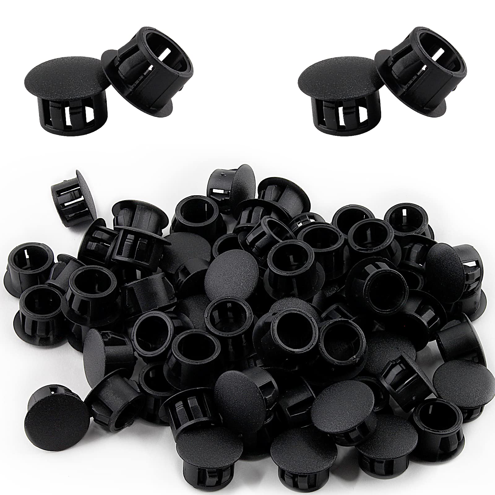 Cjueiom 60pcs 10mm / 3/8" Hole Plugs Black Plastic Hole Covers, Flush Type Drill Hole Cover Caps Snap in Locking Blanking Cap, Post Pipe Insert Screw Hole Cover for Kitchen Cupboard Cabinet Shelf