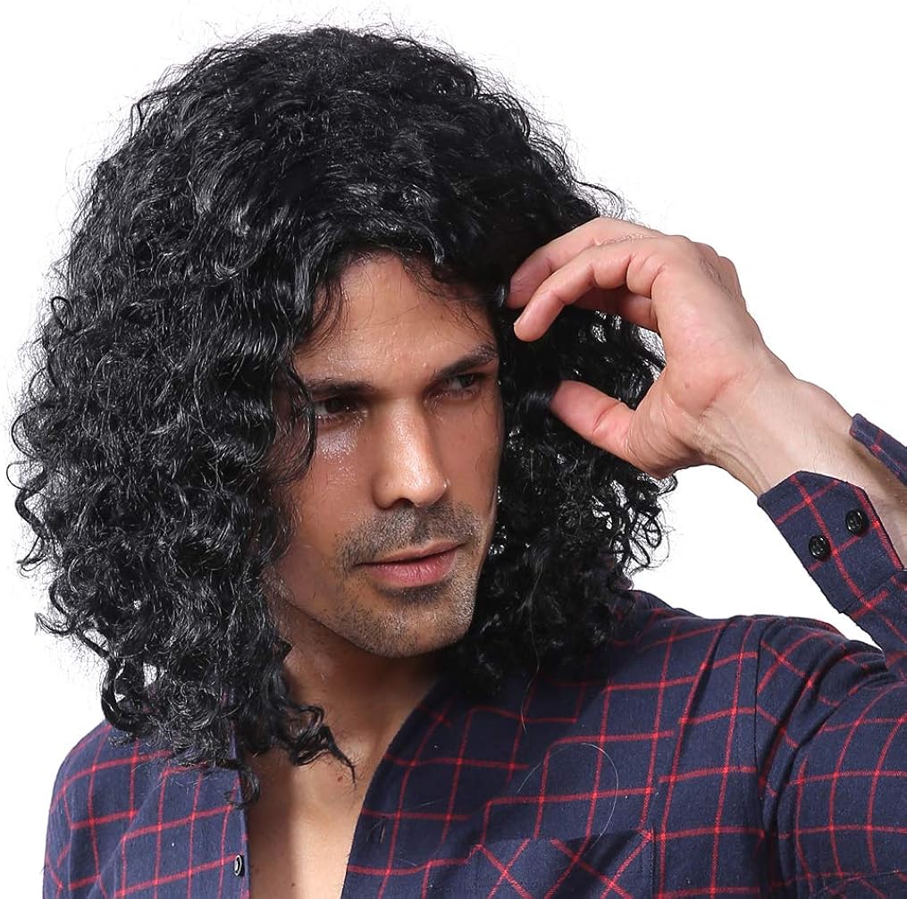 Amazon Com Starcourtyard 70s Long Black Curly Wig For Men