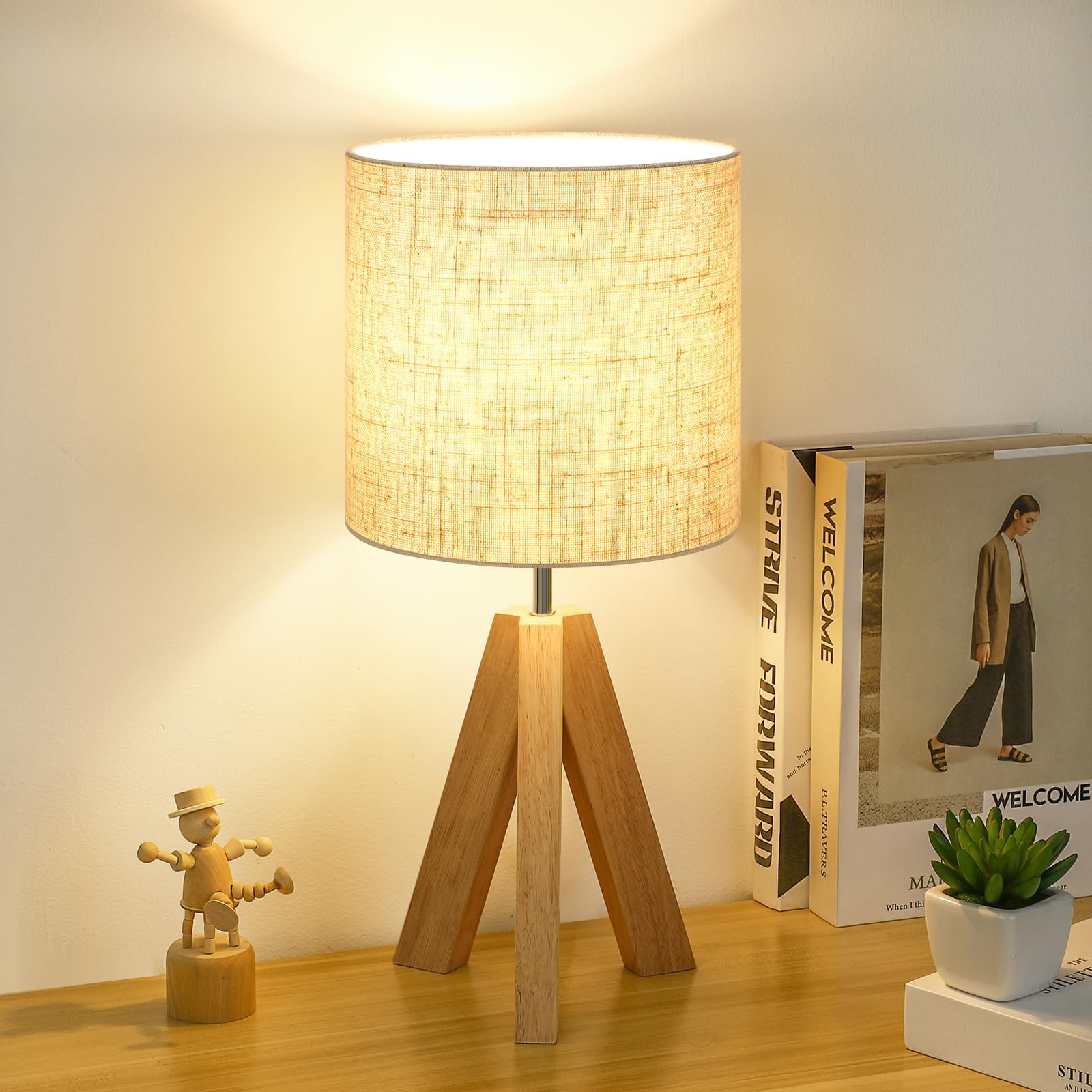 Photo 1 of Small Table Lamp, Wooden Tripod Nightstand Lamp with Linen Fabric Shade, Cute Boho Modern Bedside Nightstand Lamp for Bedroom, Living Room, Nursery, Kids Room, Office, Dorm, Bulb Not Included