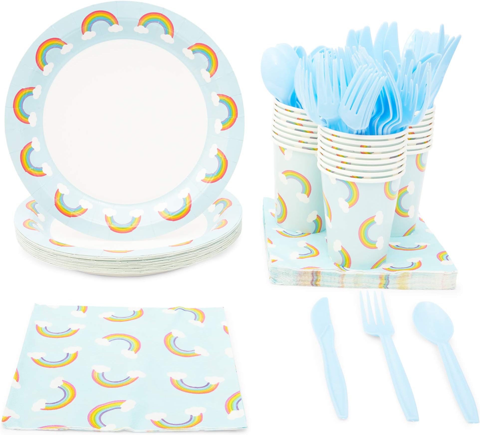 Rainbow Party Dinnerware Set for 24 Guests (144 Pieces)
