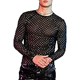 WDIRARA Men's Rhinestone Trim Mesh Sheer Long Sleeve Round Neck Party Blouse Shirts