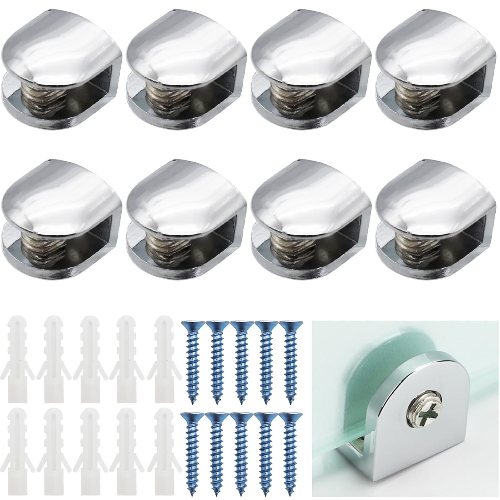 Glass Shelf Clamps, CTRICALVER 8 Pcs Glass Clamps, Adjustable Shelf Brackets, Zinc Alloy Glass Shelf Brackets for 6-8 mm Thickness Glass
