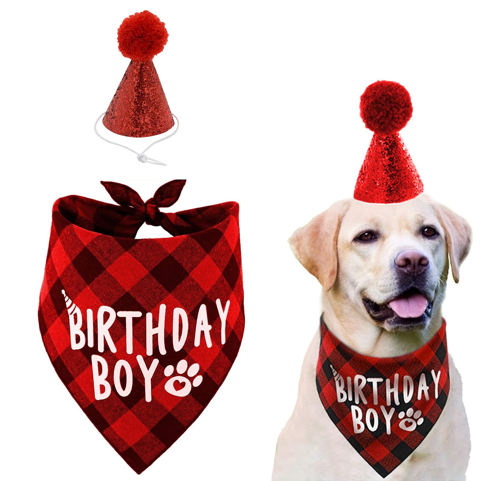 Yunmoxiao Dog Birthday Bandana Hat Set, Pets Party Supplies - Dog Hat and Bandana Set for Small Medium Dogs (Red)