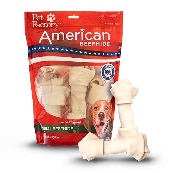 PET FACTORY AMERICAN BEEFHIDE 6-7″ KNOTTED BONES DOG CHEW TREATS – NATURAL FLAVOR, 10 COUNT/1 PACK