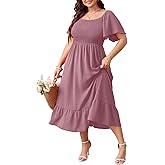 SCOMCHIC Women's Plus Size Summer Dress Casual Short Sleeve Scoop Neck Maxi Dress Smocked Ruffle Boho Flowy Long Dresses