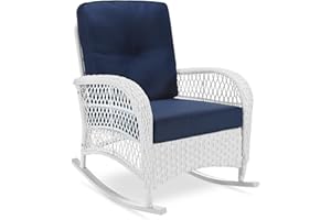 VIVIJASON Outdoor Wicker Rocking Chair, Patio Rattan Rocker Chair with Cushions & Steel Frame, All-Weather Rocking Lawn Furniture for Garden Backyard Porch (White Wicker/Navy Blue)