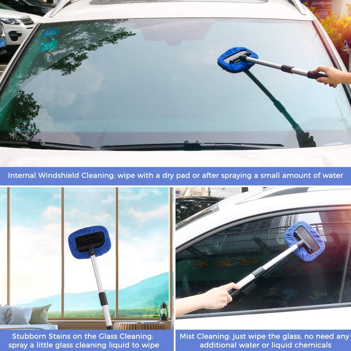 AstroAI Car Window Cleaner, 4 Microfiber Pads, Windshield Cleaning Tool with Telescopic Handle Auto Inside Glass Wiper Kit, Blue: Automotive