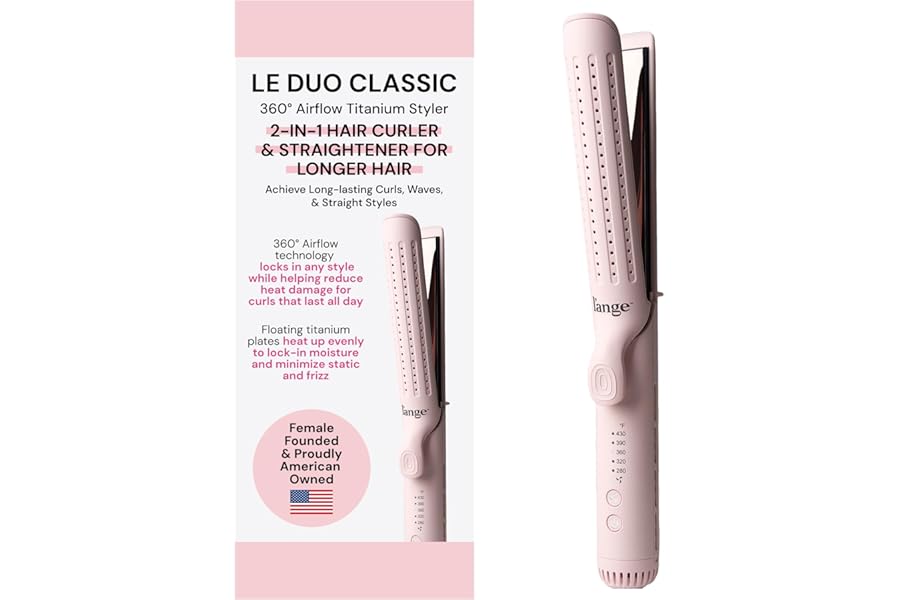 L’ANGE HAIR Le Duo Grande 360° Airflow Styler | 2-in-1 Curling Wand & Titanium Flat Iron Professional Hair Straightener and Curler with Cooling Air Vents to Lock in Style (Blush)